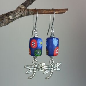 HAND CRAFTED Blue Millefiori Glass Silver Dragonfly Dangle Earrings
